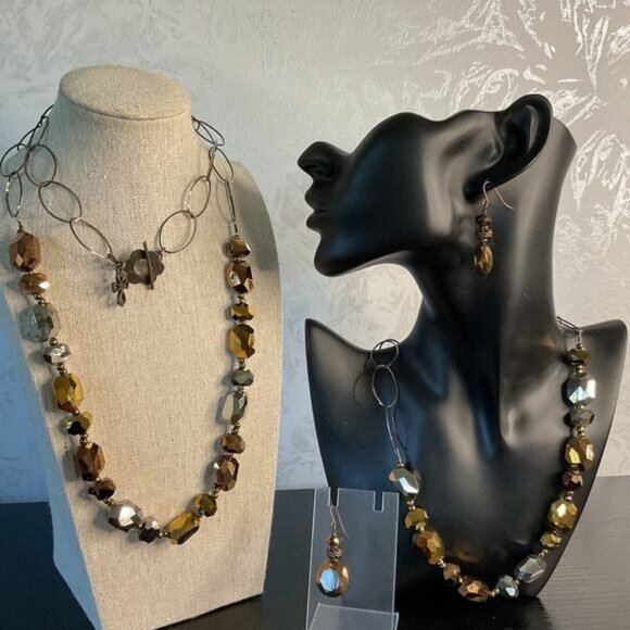 Copper & Gold Tone Faceted Bead Necklace & Earrings Set - Picture 1 of 5